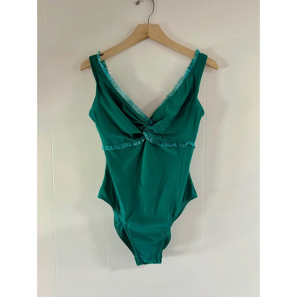 Karla Colletto Basics Ruffle V-neck One Piece & Skirt in Lichen Green‎ sz 12